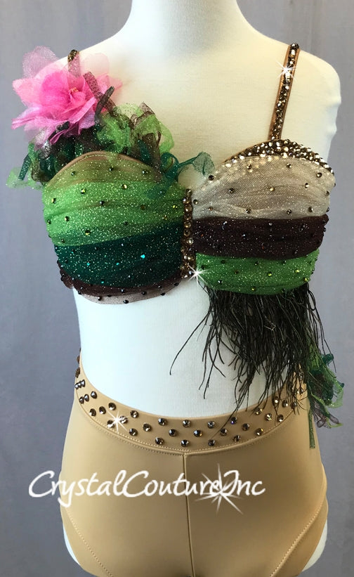 Nude, Brown and Green Tulle Bra-Top with Trunks - Swarovski Rhinestones