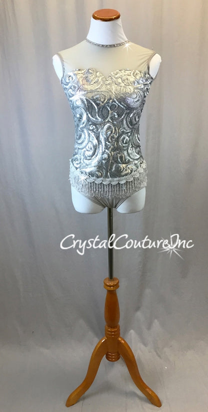 Silver Matte Sequin Leotard with Beaded Fringe -Swarovski Rhinestones