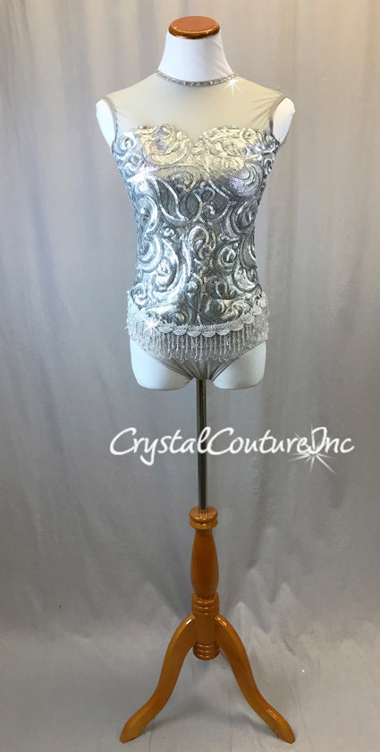 Silver Matte Sequin Leotard with Beaded Fringe -Swarovski Rhinestones