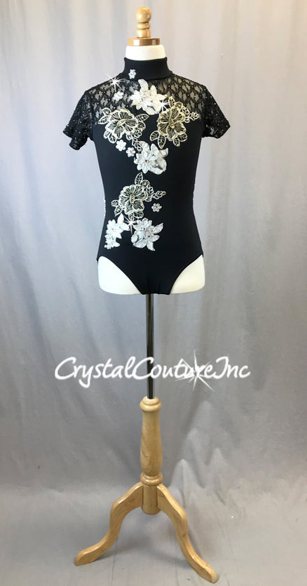 Black Leotard with Gold, Silver & Black Appliques - Swarovski Rhinestones