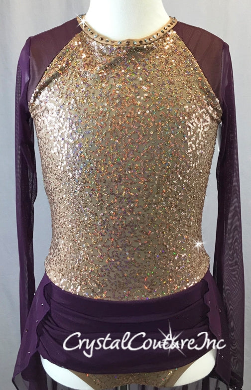 Gold Zsa-zsa & Purple Mesh Long Sleeve Leotard - Swarovski Rhinestones