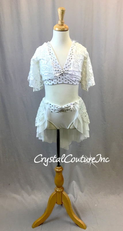 White Velour Burn-out Lace Top with Skirt/Trunks - Swarovski Rhinestones