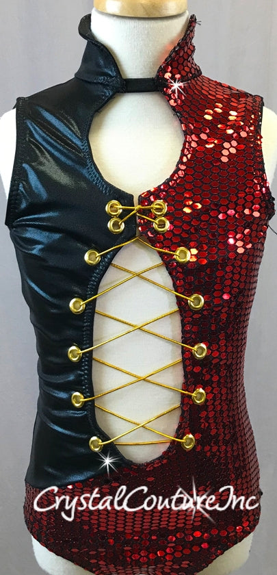 Custom Black & Red Metallic Leotard with Gold Accents