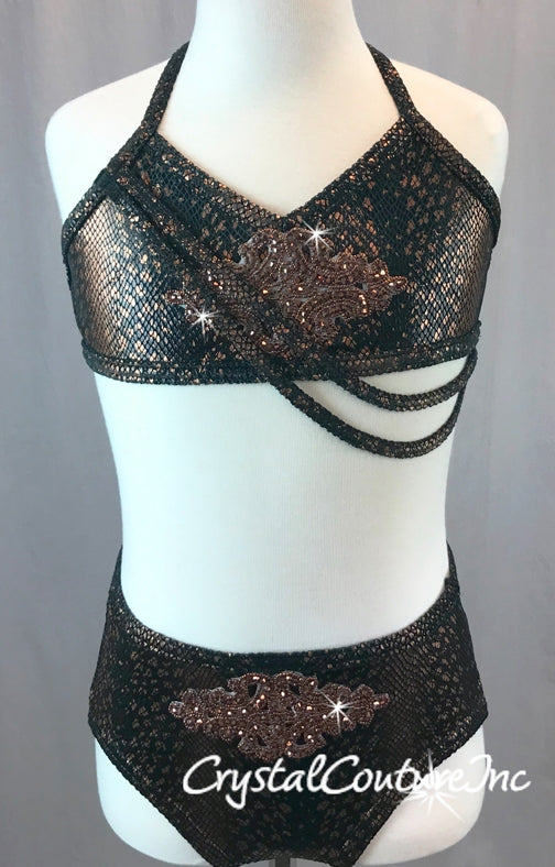 Custom, Brand New: Black and Bronze 2pc Animal Print with Black Open Net Overlay - Appliques