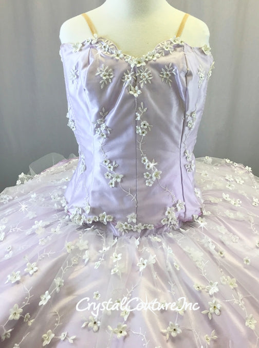 Lilac Satin Platter Tutu Covered in Embroidered Sheer White Floral Mesh -Swarovski Rhinestones