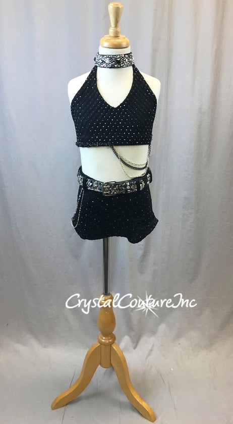 Black Open Net Top and Trunks with Belts and Chains - Swarovski Rhinestones