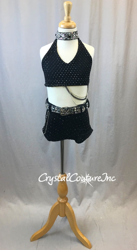 Black Open Net Top & Trunks with Belts & Chains - Swarovski Rhinestones