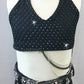 Black Open Net Top & Trunks with Belts & Chains - Swarovski Rhinestones
