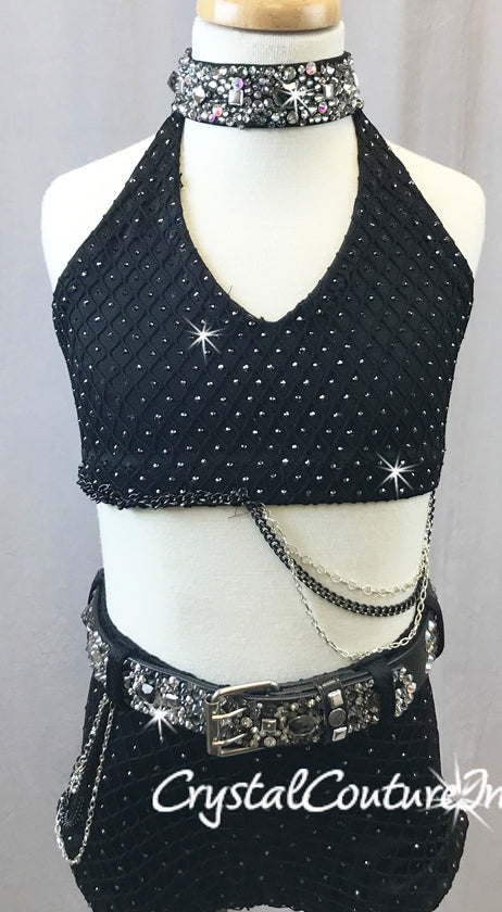 Black Open Net Top & Trunks with Belts & Chains - Swarovski Rhinestones