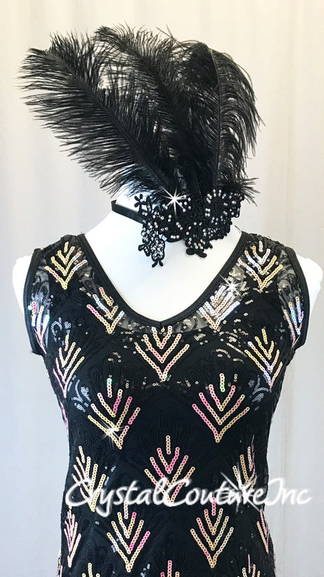 Black Sheer Mesh Dress with Black/Gold Sequins and Fringe - Rhinestones