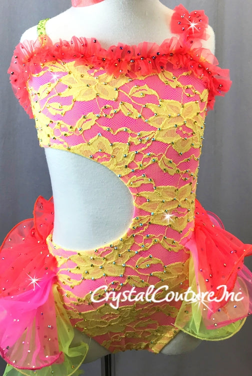 Custom Bright Yellow Lace & Hot Pink Leotard with Tiered Skirt - Swarovski Rhinestones