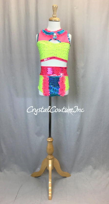 Bright Yellow, Coral and Teal Blue Color Block 2 Piece Top and Trunk - Swarovski Rhinestones