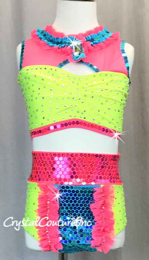 Bright Yellow, Coral & Teal Blue Color Block Two Piece - Swarovski Rhinestones