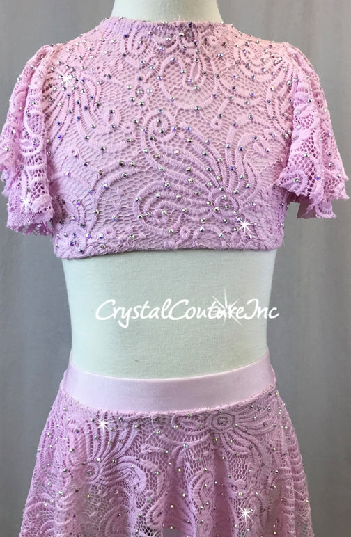 Light Pink Open Lace Net Flutter Sleeve Top & Skirt/Trunk - Swarovski Rhinestones