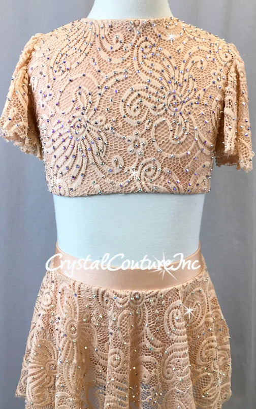 Light Peach Open Lace Net Flutter Sleeve Top & Skirt/Trunk - Swarovski Rhinstones