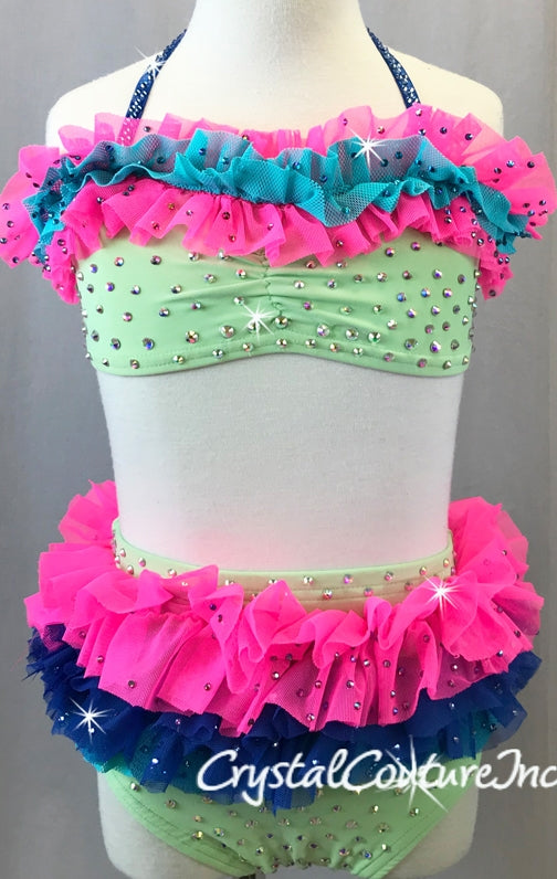 Light Green Top & Trunk with Hot Pink, Royal Blue & Turquoise Ruffles - Swarovski Rhinestones