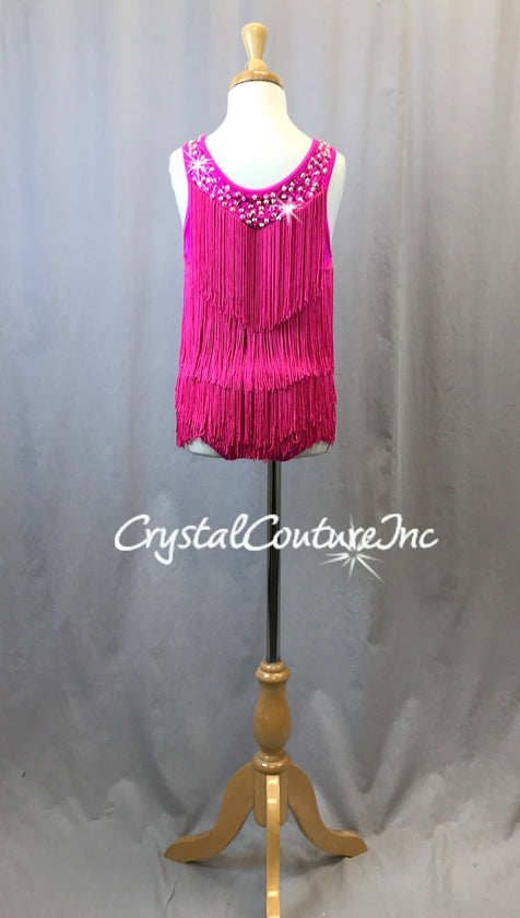 Hot Pink Tiered Fringe Dress with Hot Pink Leotard - Swarovski Rhinestones