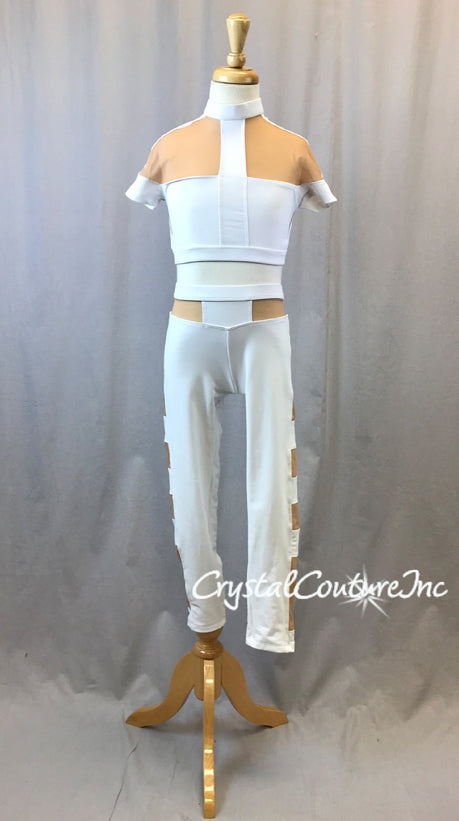 White Lycra Crop Top and Crop Leggings with Nude mesh insets