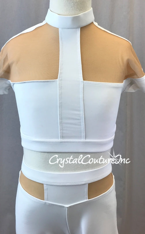 White Lycra Crop Top and Crop Leggings with Nude mesh insets