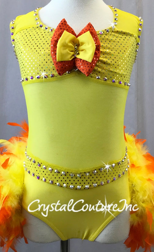 Yellow Lycra & Sheer Leotard with Orange/Yellow Feather Bustle - Swarovski Rhinestones