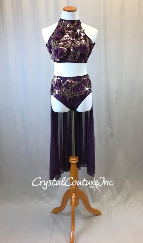 Deep Purple Connected 2Pc Mock-Neck Top and Trunk/Sheer Mesh Skirt