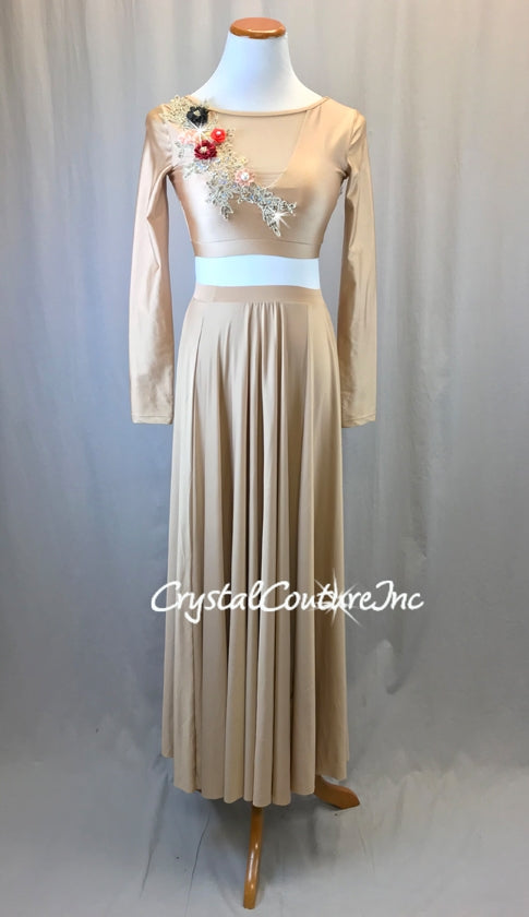 Nude Long Sleeve Lycra and Mesh Top with Long Full Skirt