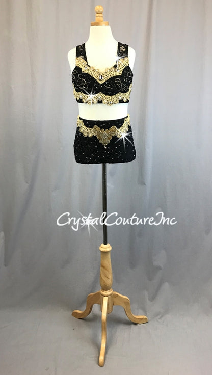 Black Floral Lace 2 pc Top & Trunk with Gold Embroidered Trim - Swarovski Rhinestones