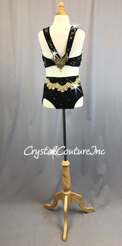 Black Floral Lace 2 pc Top & Trunk with Gold Embroidered Trim - Swarovski Rhinestones