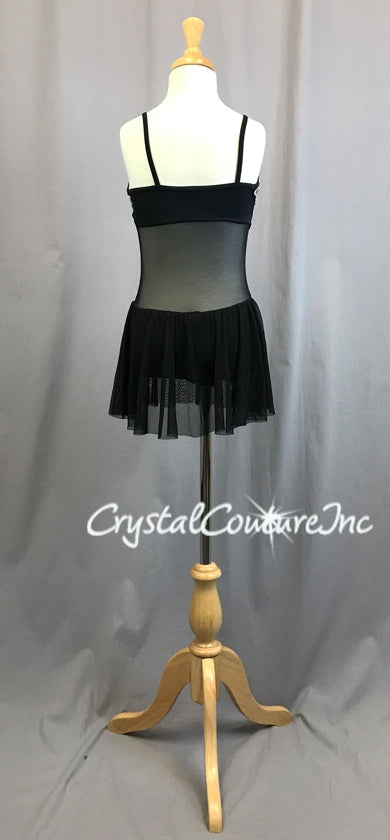 Black Corset Inspired Leotard with Sheer Mesh Skirt - Appliques - Swarovski Rhinestones