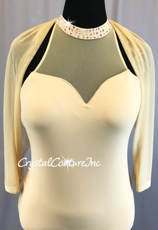 Nude lycra and Sheer Mesh Leotard with Open Mesh Sleeves - Swarovski Rhinestone