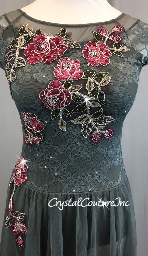 Charcoal Floral Lace Leotard with Long Sheer Mesh Handkerchief Point Skirt - Swarovski Rhinestones