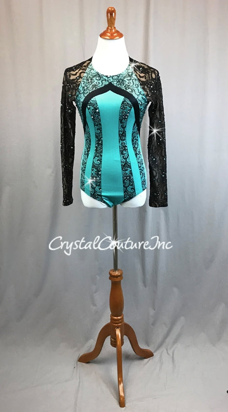 Turquoise & Black with Floral lace Long Sleeves - Swarovski Rhinestones