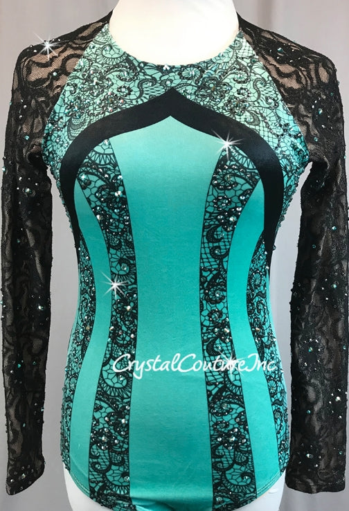 Turquoise & Black with Floral lace Long Sleeves - Swarovski Rhinestones