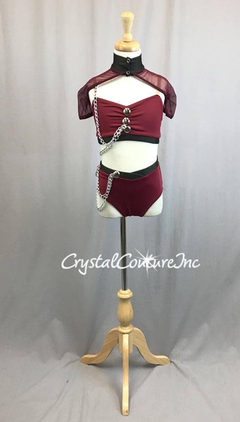 Burgundy and Graphite Lycra 3pc Top, Trunk with Sheer Mesh Shrug