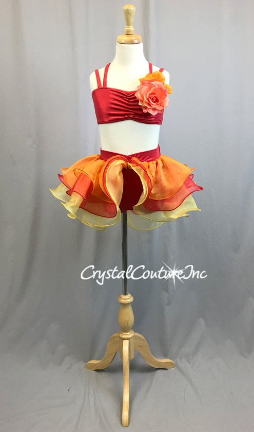 Shimmery Red Top and Booty Short with Bright Orange, Red, Yellow Ruffled Skirt