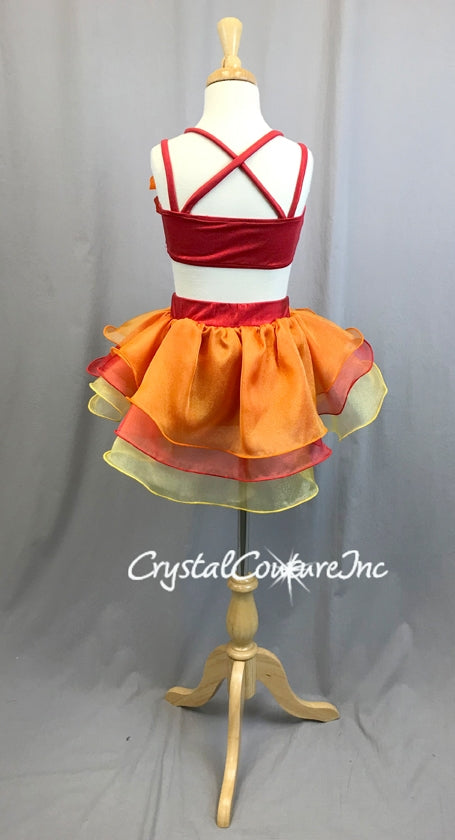 Shimmery Red Top and Booty Short with Bright Orange, Red, Yellow Ruffled Skirt