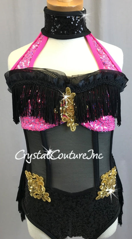 Black & Pink Corset Inspired Leotard with Black Fringe Tiered Skirt