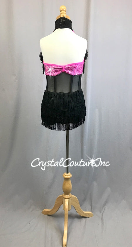 Black & Pink Corset Inspired Leotard with Black Fringe Tiered Skirt
