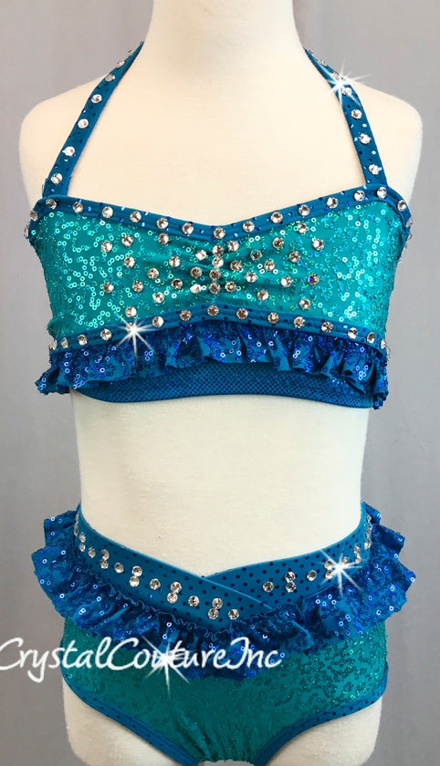 Teal Blue Halter Top & Trunk with Royal Blue Accents - Swarovski Rhinestones