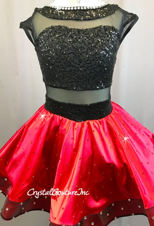 Black Zsa Zsa & sheer Mesh with Red Satin Skirt/ Booty Shorts - Swarovski Rhinestones