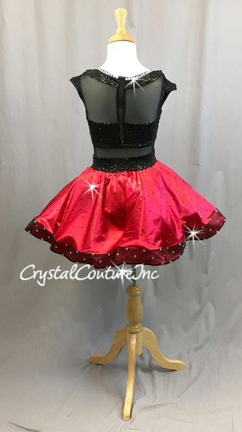 Black Zsa Zsa & sheer Mesh with Red Satin Skirt/ Booty Shorts - Swarovski Rhinestones