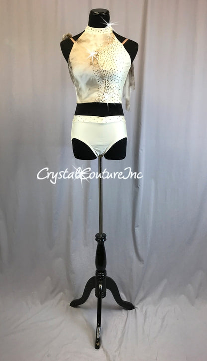 Ivory Crop Top & Trunk with Brown/Ivory Tied-Dye Mesh Accents - Rhinestones