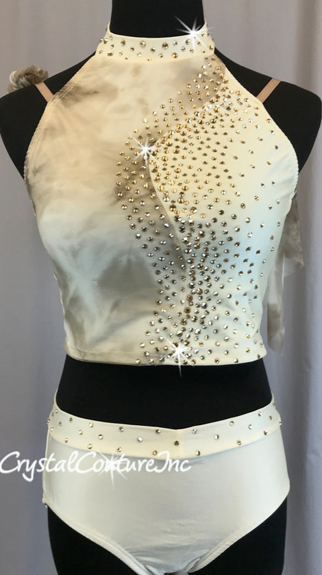 Ivory Crop Top & Trunk with Brown/Ivory Tied-Dye Mesh Accents - Rhinestones