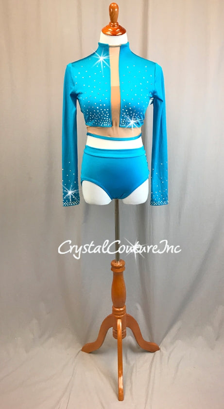Turquoise Long Sleeve Crop Top and Trunks with Nude Insets - Swarovski Rhinestones