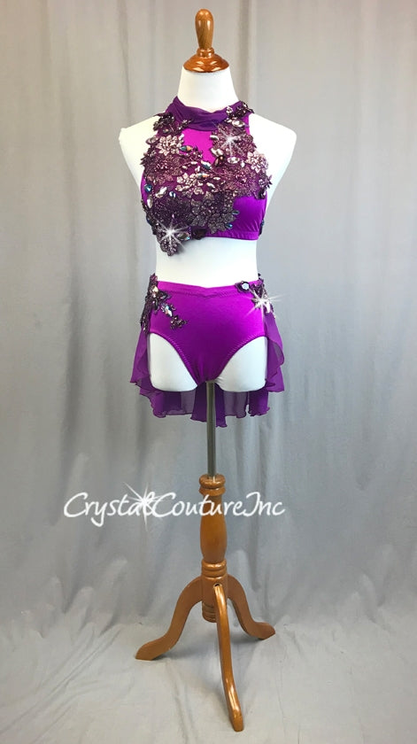 Vibrant Purple Halter Top & Trunk/Textured Chiffon Skirt - Swarovski Rhinestones