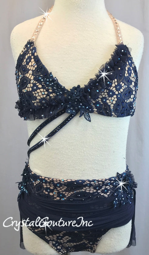 Navy Blue & Nude Lycra Open Net Halter Top & Trunk/Mesh Skirt - Swarovski Rhinestones