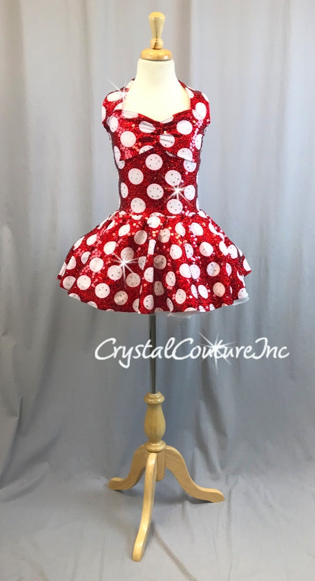 Red & White Polka Dot Halter Dress with Sequins - Rhinestones