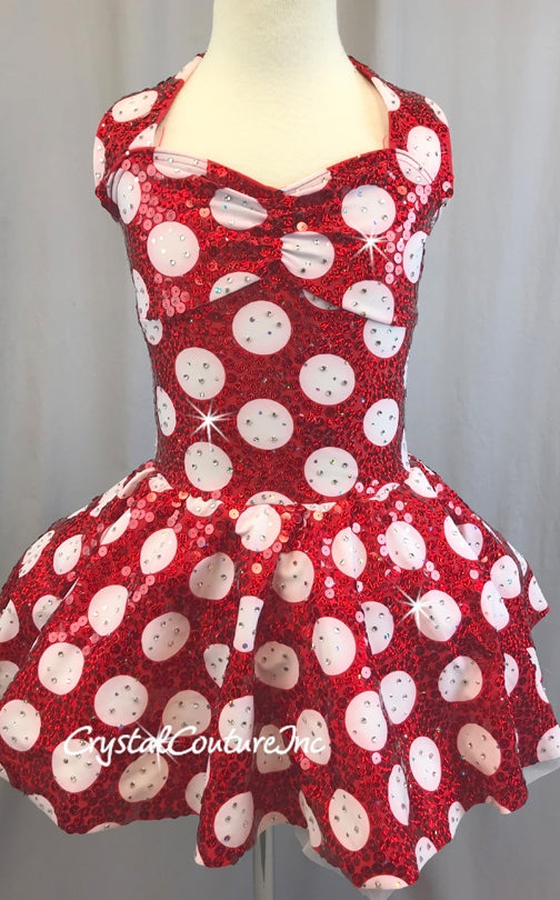 Red & White Polka Dot Halter Dress with Sequins - Rhinestones