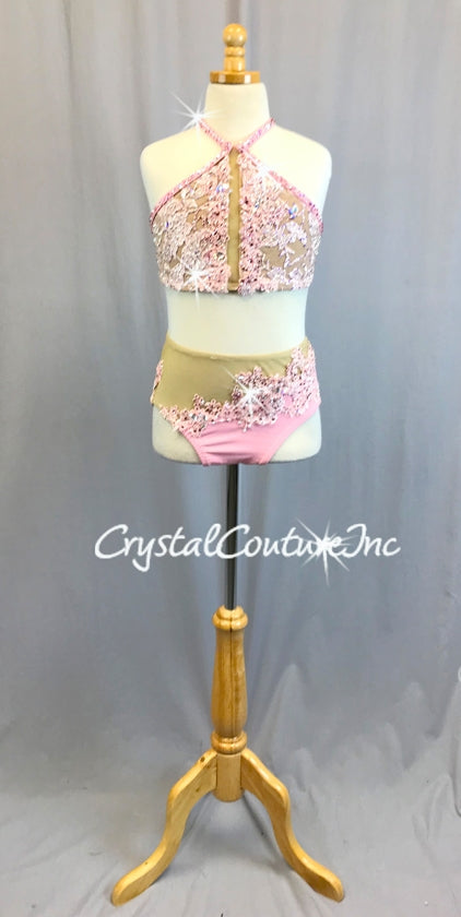 Lt Pink Embroidered Halter Top & Trunk with Sheer Nude Mesh Insets - Swarovski Rhinestones