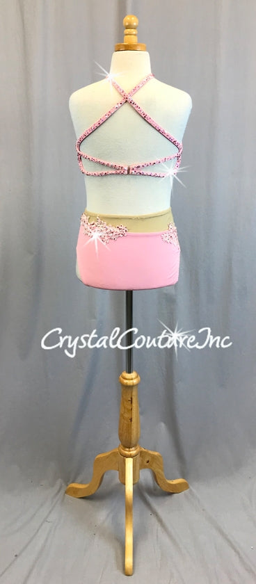 Lt Pink Embroidered Top and Lycra Trunk with Sheer Nude Mesh Insets - Swarovski Rhinestones